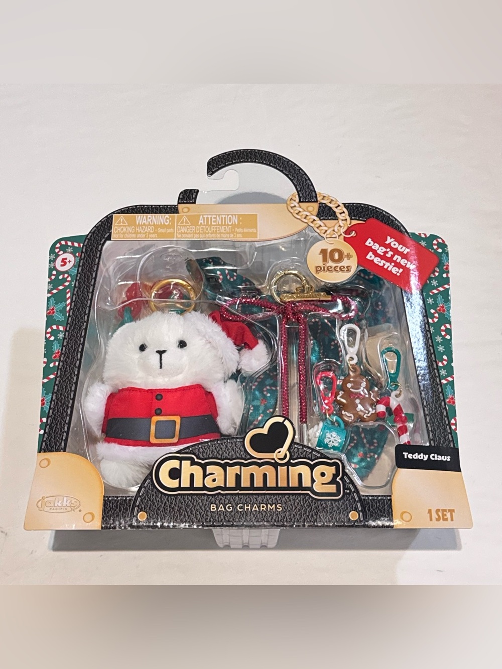 Charming Bag Charms Holiday Teddy Bear Keychain - White & Red